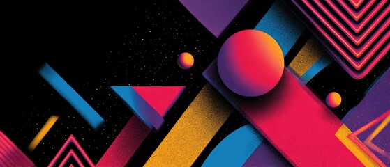 Wall Mural - vibrant retro abstract background with geometric shapes and neon accents in a dark cosmic space for 