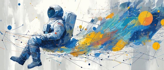 Wall Mural - astronaut in spacesuit floating in abstract space with network connections concept of exploration, t