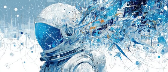 Wall Mural - abstract astronaut illustration with constellations in helmet, exploring space and futuristic techno