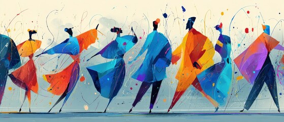 Wall Mural - abstract crowd of people walking in colorful geometric shapes, expressing movement and energy in a m