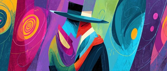 Wall Mural - abstract man in hat with colorful geometric shapes and lines artistic illustration of a mysterious f