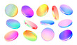 © Doloves - 3d glass disk shape hologram effect. Render abstract neon coin set. Fly round podium, disc, badge, lens, plate crystal isolation. Y2k hologram shape. Vector trendy illustration
