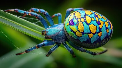 Vibrant spider with intricate colorful pattern on a blade of grass.