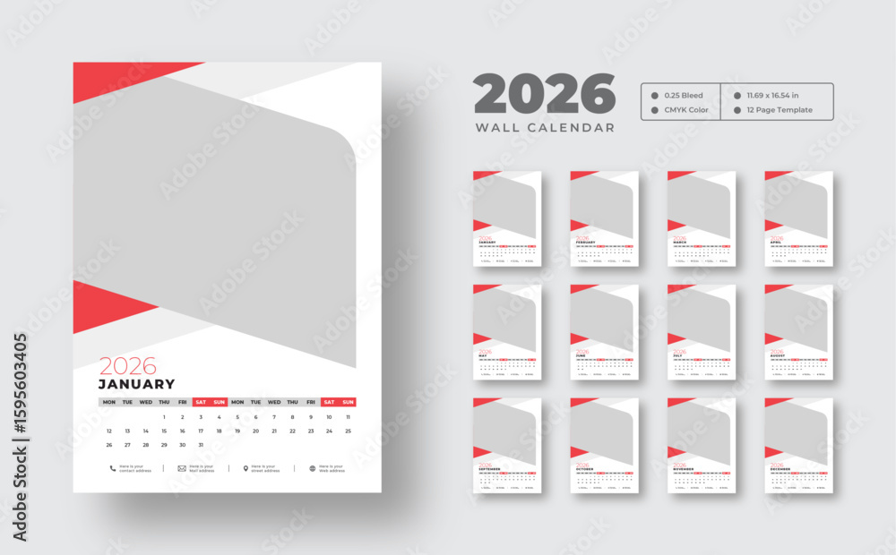 2026 wall calendar template design | Simple 12-month planner template ...