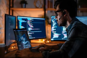 focused developer working on multiple screens at night