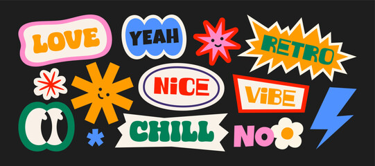 Futuristic y2k patches, labels, tags, stickers, bracelet stamps in retro style. Cartoon stickers in funky hipster groovy grunge 90s style. Vector set, trendy promo labels