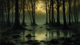 Dark, misty swamp forest scene at dusk.