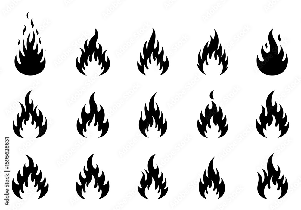Collection of Diverse Flame Icons Representing Fire Energy and Heat Intensity for Design Projects