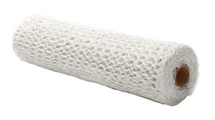 A roll of white net material with a honeycomb pattern on a brown cardboard tube isolated