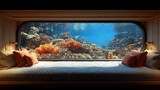 Underwater coral reef view from a cozy alcove bed.