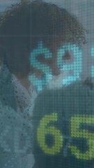 Wall Mural - animation of stock market data processing over diverse man and woman discussing at office