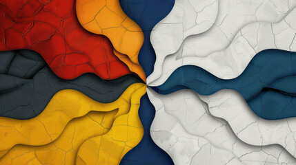 Wall Mural - Abstract colorful design with textured waves in red, yellow, blue, and white, creating dynamic visual effect. interplay of colors evokes sense of movement and creativity
