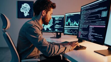 software developer analyzing programming code on computer monitor with database visualization