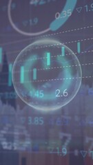 Wall Mural - animation of power button over multiple graphs and trading board against modern building