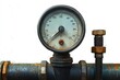 © Milana - Close-up of an old rusty pressure gauge mounted on a weathered metal pipe with large bolts, showing signs of wear and industrial aging