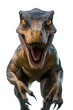© Mariya - Close-up of a fierce dinosaur with textured skin, sharp teeth, claws, and intense orange eyes roaring towards the viewer against a white background