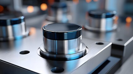 Closeup of Metallic Buttons on Industrial Machinery with Glossy Finish and LED Lights