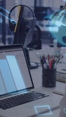 Wall Mural - analyzing data, business person using laptop with animation of digital world map