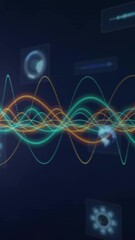 Wall Mural - animation of colorful waveforms and digital screens processing data on dark background