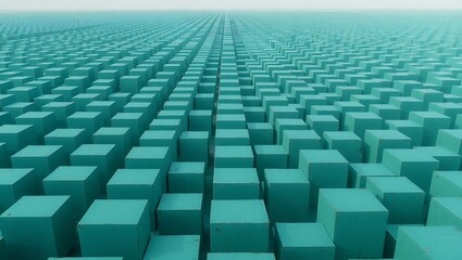 a vast expanse of teal cubes stretching into the distance creating an abstract landscape view