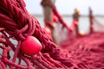 Closeup of a red fishing net with a red float attached to the rope