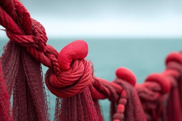 Red net draped on a knotted rope set against a sea backdrop