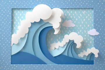 Wall Mural - A papercut seascape featuring layered blue waves and white clouds in a frame with dotted pattern