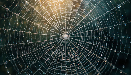 Spiderweb glistens with dewdrops, creating intricate patterns in the morning light