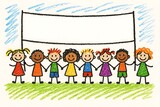 Colorful and cheerful childlike crayon drawing of a diverse group of kids holding a blank banner, perfect for educational or creative designs kids school Background