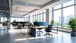 © Anas - Modern Bright Office Interior with Workstations with City View, Sunlight, and and Greenery.