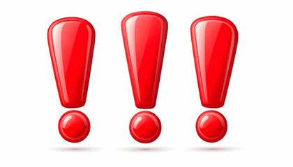 Three glossy, red exclamation points, isolated on a white background.