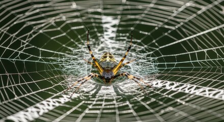 A yellow garden spider sits in the center of its intricate web.