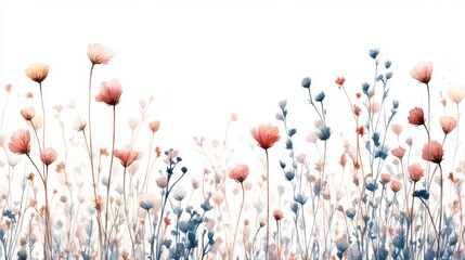 Wall Mural - Beautiful seamless floral water color pattern Set, watercolor wild flowers, leaves and grass,Collection botanic garden elements, isolated illustration in rustic or vintage style,copy space.