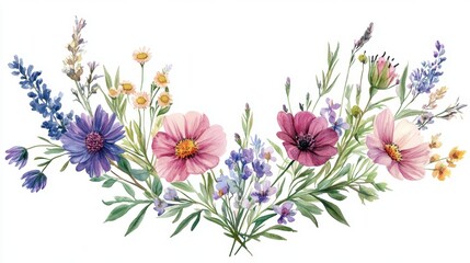 Wall Mural - Beautiful seamless floral water color pattern Set, watercolor wild flowers, leaves and grass,Collection botanic garden elements, isolated illustration in rustic or vintage style,copy space.