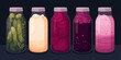 © Thanagorn - Five jars filled with various colorful fermented foods or drinks, showcasing a range of natural, homemade preserves.