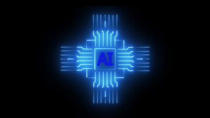 Wall Mural - Futuristic ai chip with glowing circuitry in motion.Glowing neon AI circuit board background. Computer motherboard with a chip, Processor with artificial intelligence AI.Minimal chip icon with AI .4k