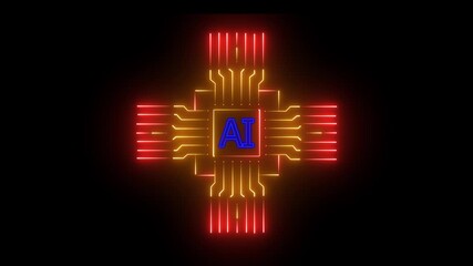 Wall Mural - Futuristic ai chip with glowing circuitry in motion.Glowing neon AI circuit board background. Computer motherboard with a chip, Processor with artificial intelligence AI.Minimal chip icon with AI .4k