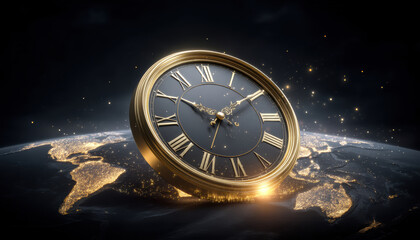 Golden clock with roman numerals floating above illuminated earth at night symbolizing time concept and trade in world affected by war