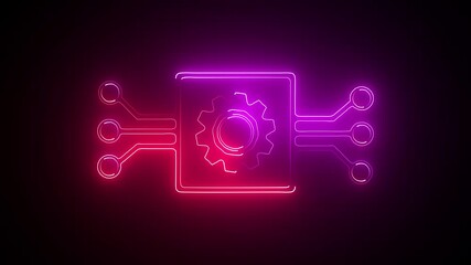 Wall Mural - neon digital System glow technology icon animation on black.glowing neon Technology data network animation black background.4k video