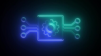 Wall Mural - neon digital System glow technology icon animation on black.glowing neon Technology data network animation black background.4k video