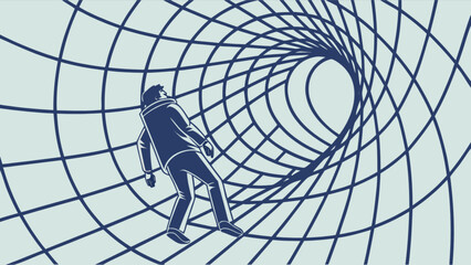 Man falling into wormhole tunnel vector illustration for travel and space exploration concepts and designs