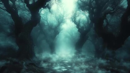 Wall Mural - Enigmatic misty forest with twisted trees