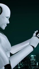 Wall Mural - robot hominoid use mobile phone or tablet for global network connection using ai thinking brain , ar