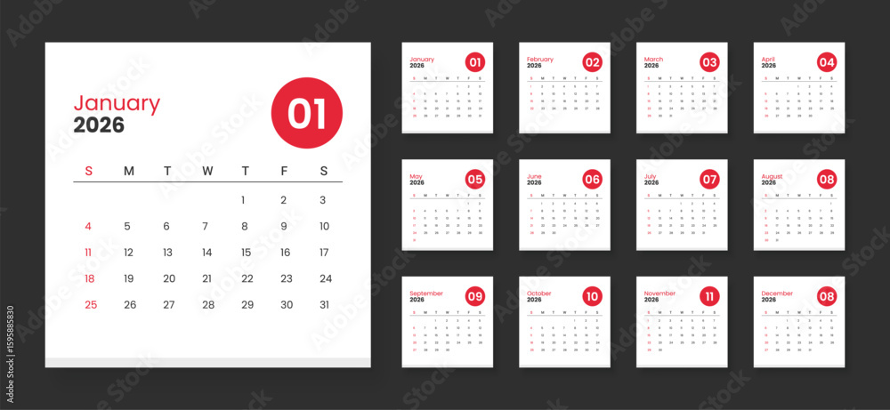 Calendar 2026 week start Sunday corporate design template vector. 2026 ...