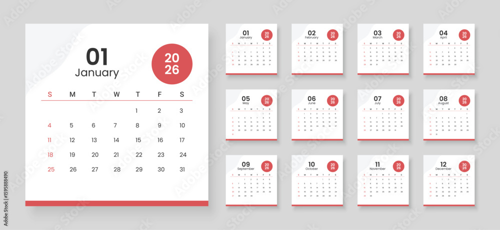 Calendar 2026 week start Sunday corporate design template vector ...