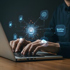 Hands typing on a laptop with glowing digital network connections
