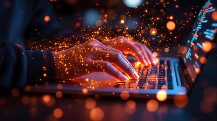 Hands typing on laptop keyboard with glowing particles and code on the screen in a dark setting