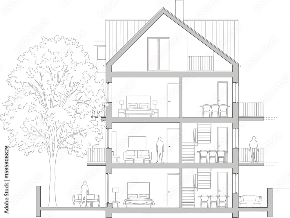 Architectural cross section drawing of a multi story house with ...