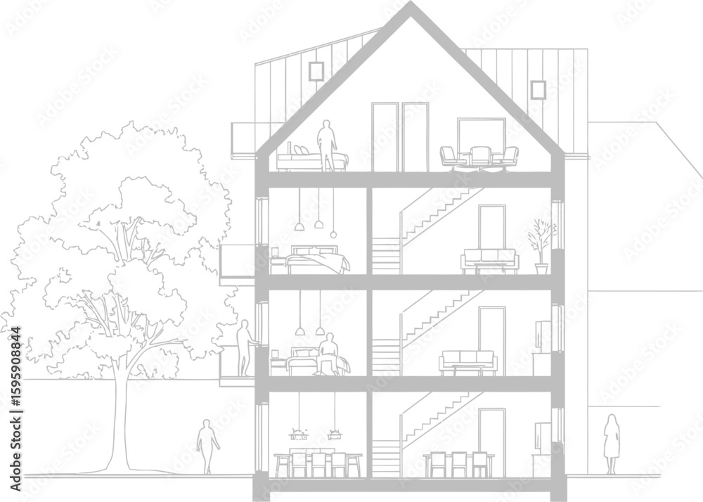 Architectural cross section drawing of a multi story residential house ...