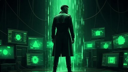 Lone Hacker in Digital World with Green Screens and Code